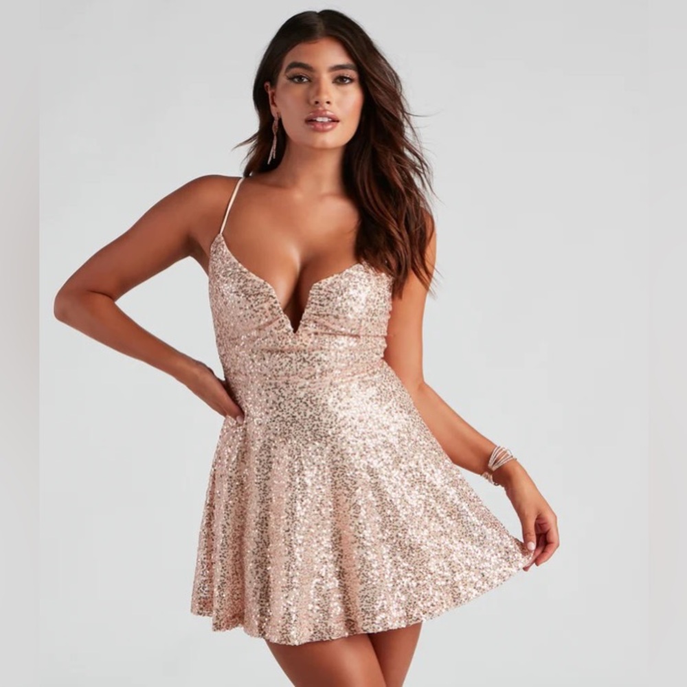Rose gold - Lisa Sequin V-Neck Party Dress WINSDOR Small. NWT. Sold out!